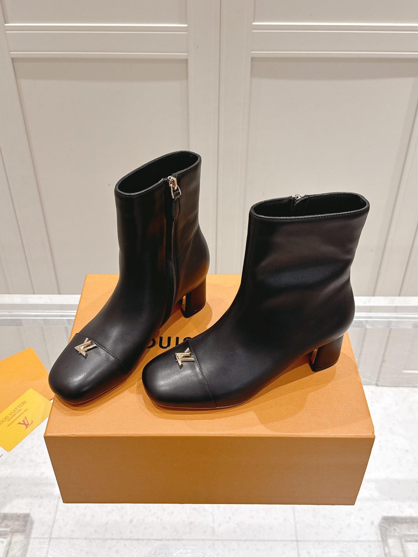 LV Shake Ankle Boot – Matte Calfskin Block Heel Boots with Gold LV Twist Signature