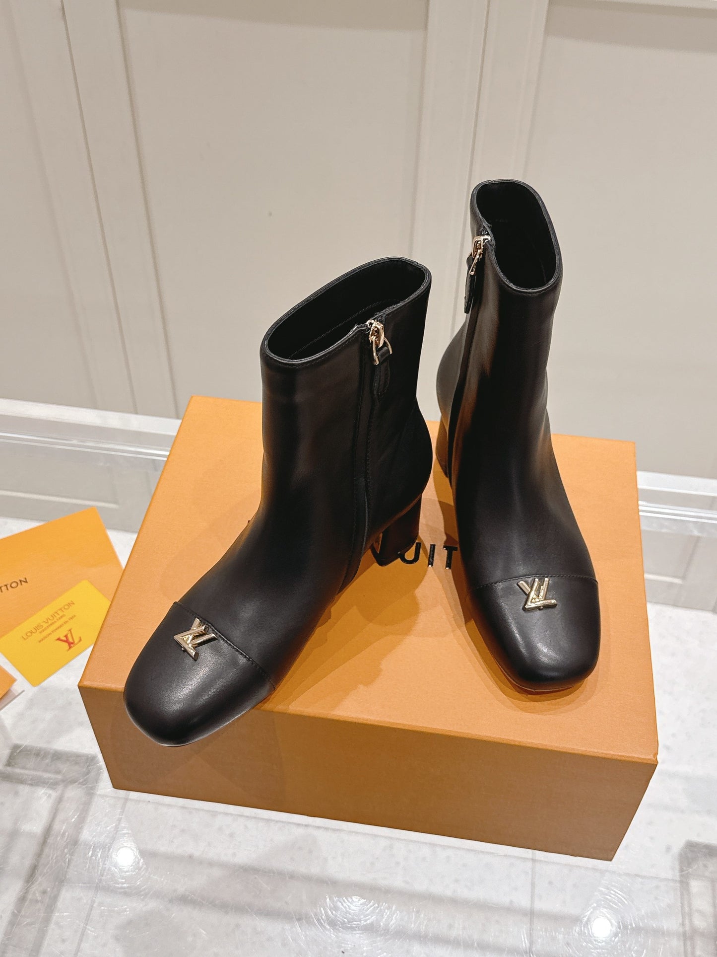 LV Shake Ankle Boot – Matte Calfskin Block Heel Boots with Gold LV Twist Signature