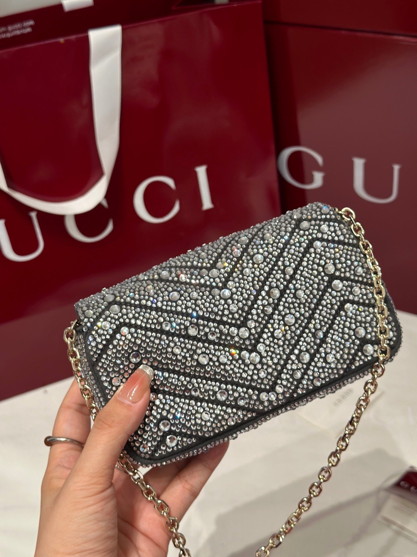 GG Marmont Small Crystal Shoulder Bag – Grey Nubuck Chevron Matelassé