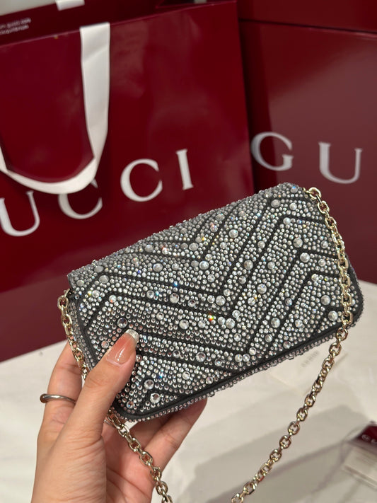 GG Marmont Small Crystal Shoulder Bag – Grey Nubuck Chevron Matelassé