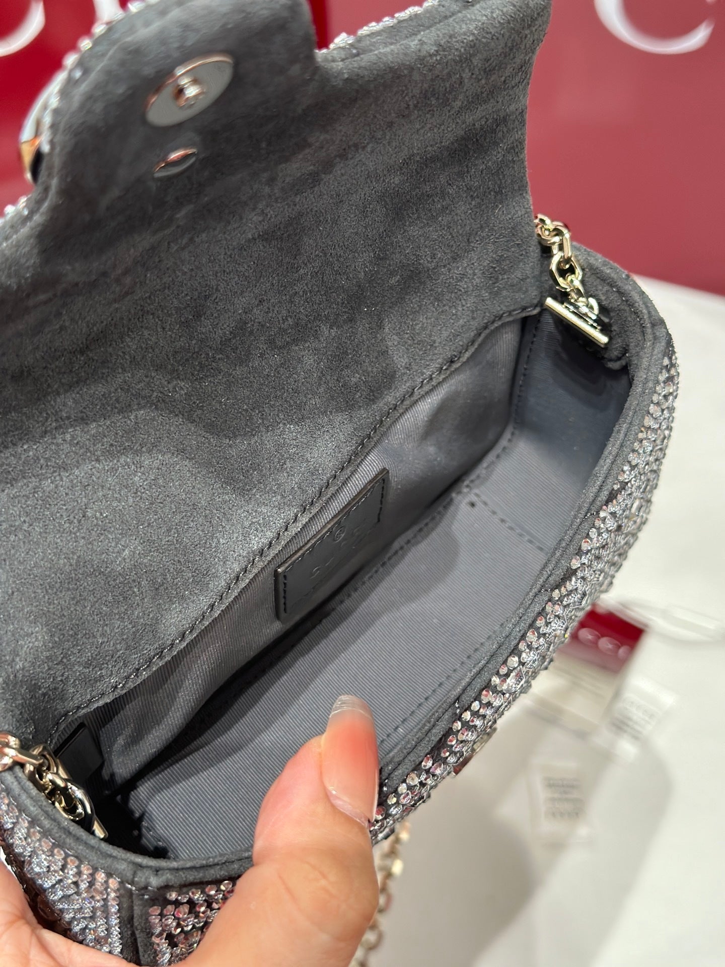 GG Marmont Small Crystal Shoulder Bag – Grey Nubuck Chevron Matelassé