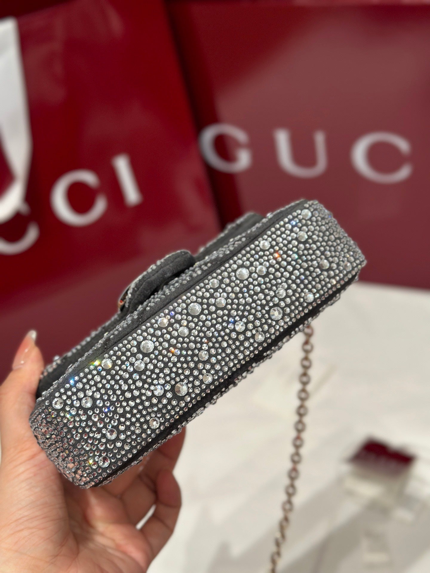 GG Marmont Small Crystal Shoulder Bag – Grey Nubuck Chevron Matelassé