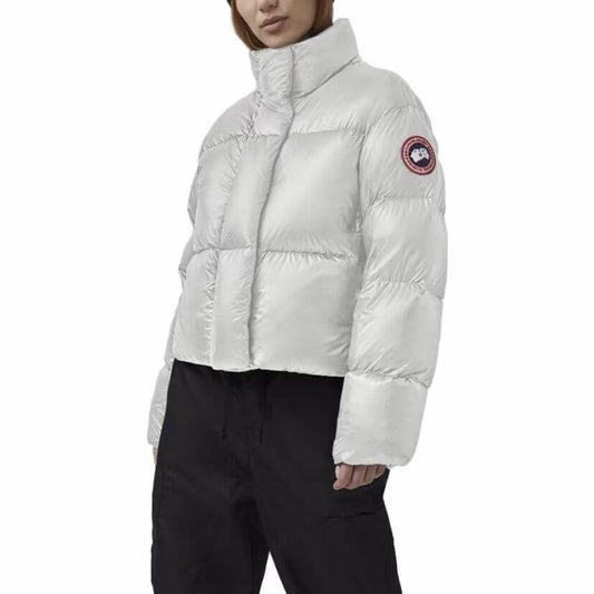 Luxe Metallic White Cropped Puffer Jacket for Women