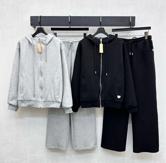 LV Accent Tracksuit Set – Premium Cotton Zipped Hoodie & Wide-Leg Sweatpants Co-Ord