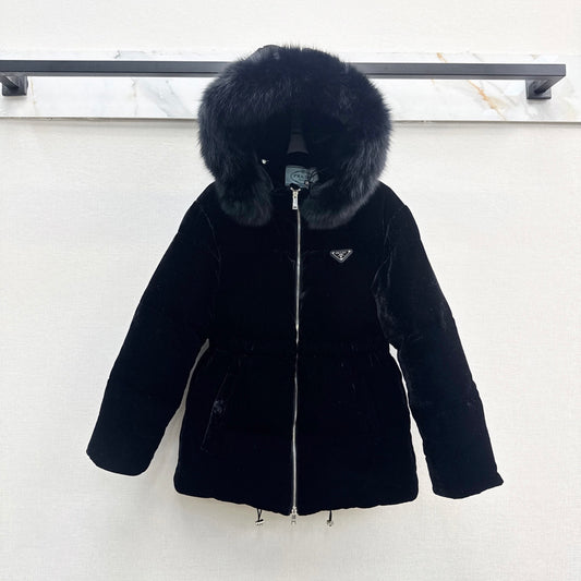 Black Velvet Puffer Jacket with Faux Fur Hood