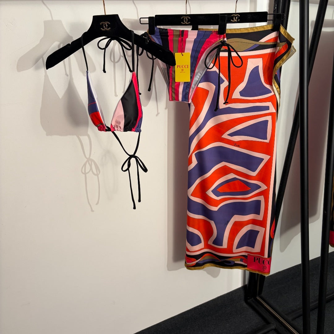 Labirinto-Print 3-Piece Archive Set – Geometric Halter Bikini and 100% Silk Twill Sarong