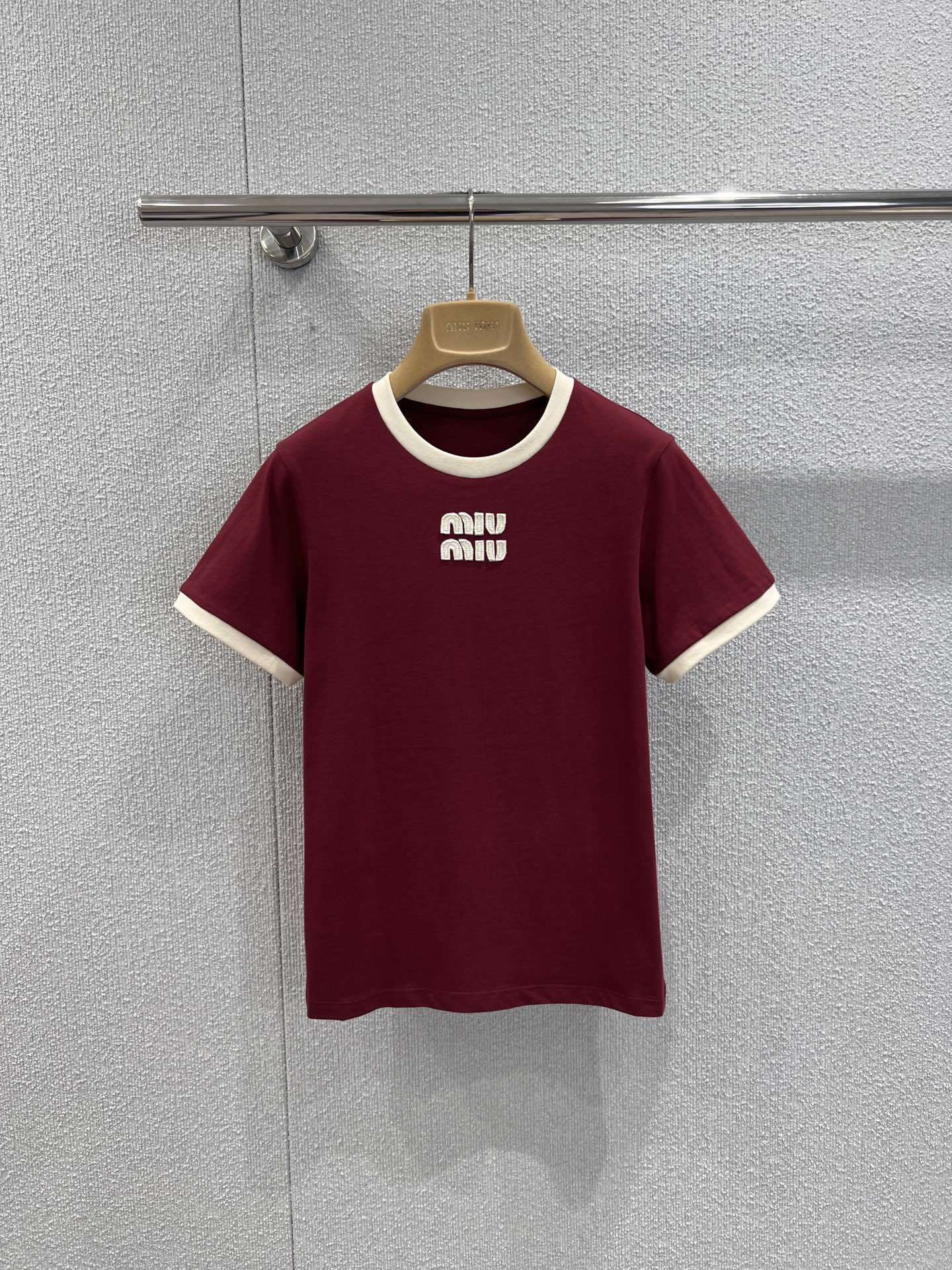 Jersey Ringer T-Shirt – Burgundy Cropped Cotton Tee with Contrast Optic White Trim