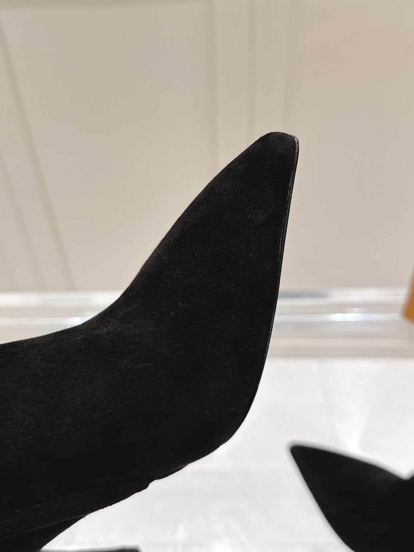 Knee-High Suede Boots – Midnight Black Velvet-Plush Calf Suede Stiletto Boots with Monogram Canvas Ankle Strap