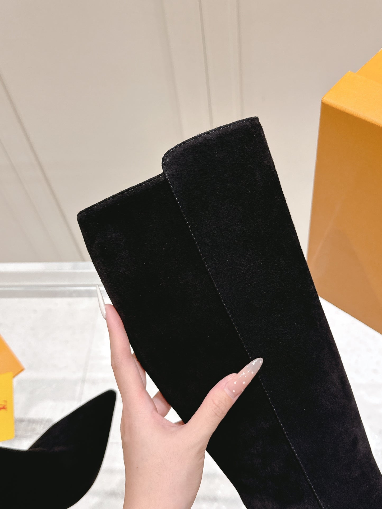 Knee-High Suede Boots – Midnight Black Velvet-Plush Calf Suede Stiletto Boots with Monogram Canvas Ankle Strap