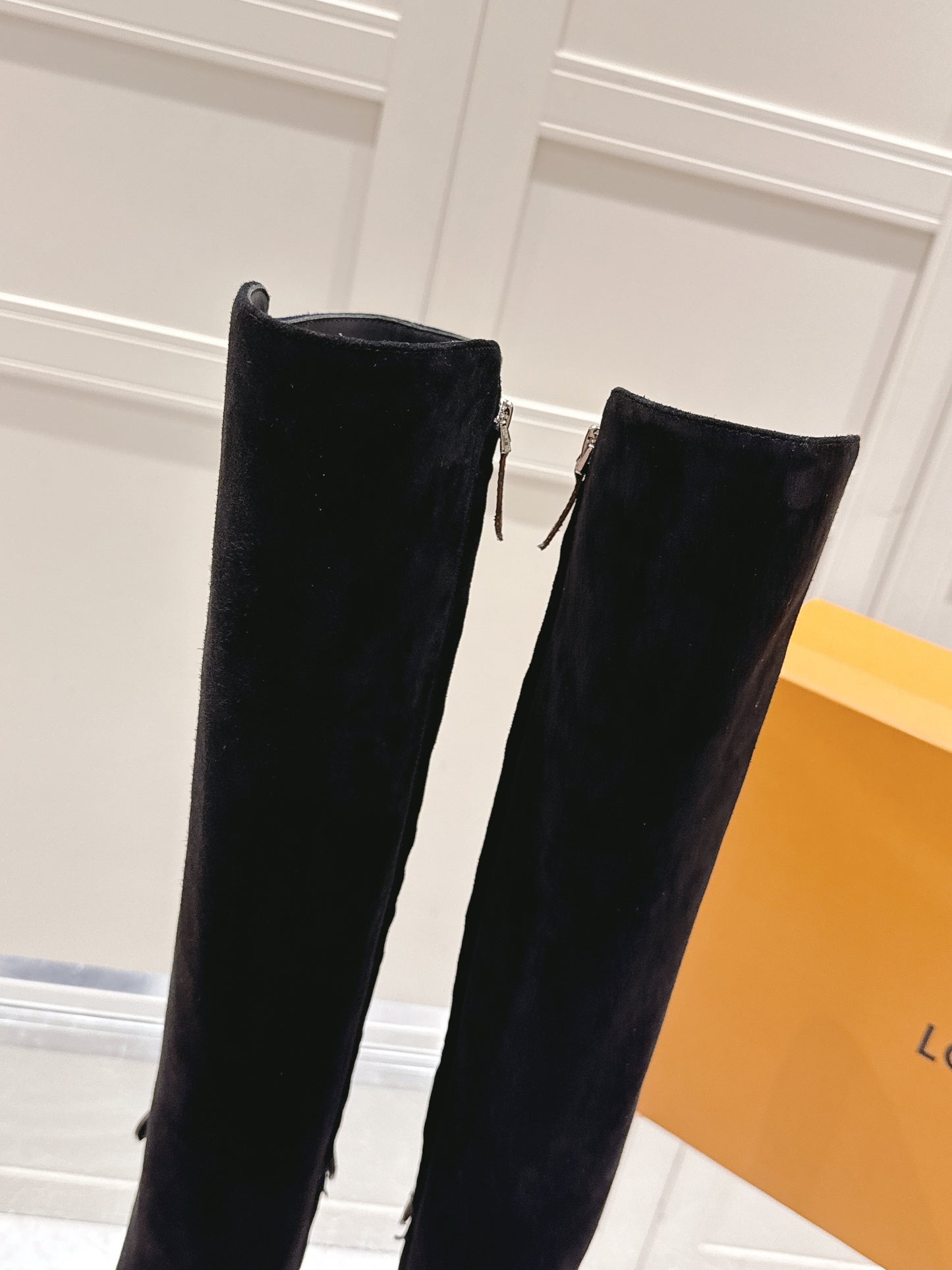 Knee-High Suede Boots – Midnight Black Velvet-Plush Calf Suede Stiletto Boots with Monogram Canvas Ankle Strap