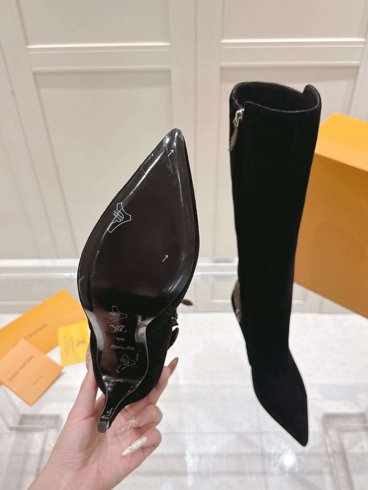 Knee-High Suede Boots – Midnight Black Velvet-Plush Calf Suede Stiletto Boots with Monogram Canvas Ankle Strap