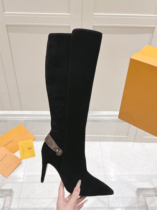 Knee-High Suede Boots – Midnight Black Velvet-Plush Calf Suede Stiletto Boots with Monogram Canvas Ankle Strap