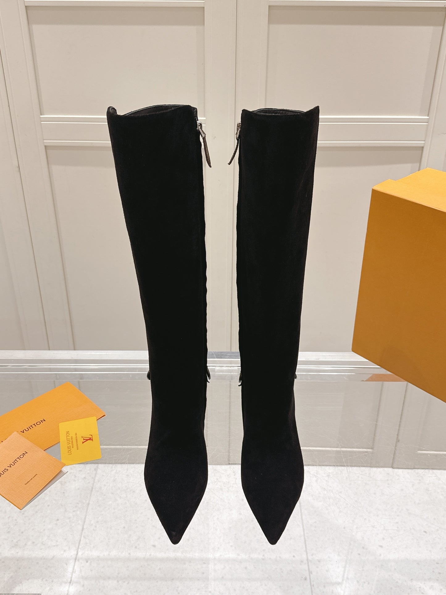 Knee-High Suede Boots – Midnight Black Velvet-Plush Calf Suede Stiletto Boots with Monogram Canvas Ankle Strap