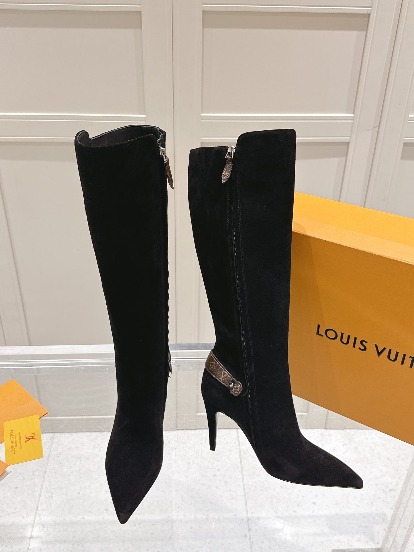 Knee-High Suede Boots – Midnight Black Velvet-Plush Calf Suede Stiletto Boots with Monogram Canvas Ankle Strap
