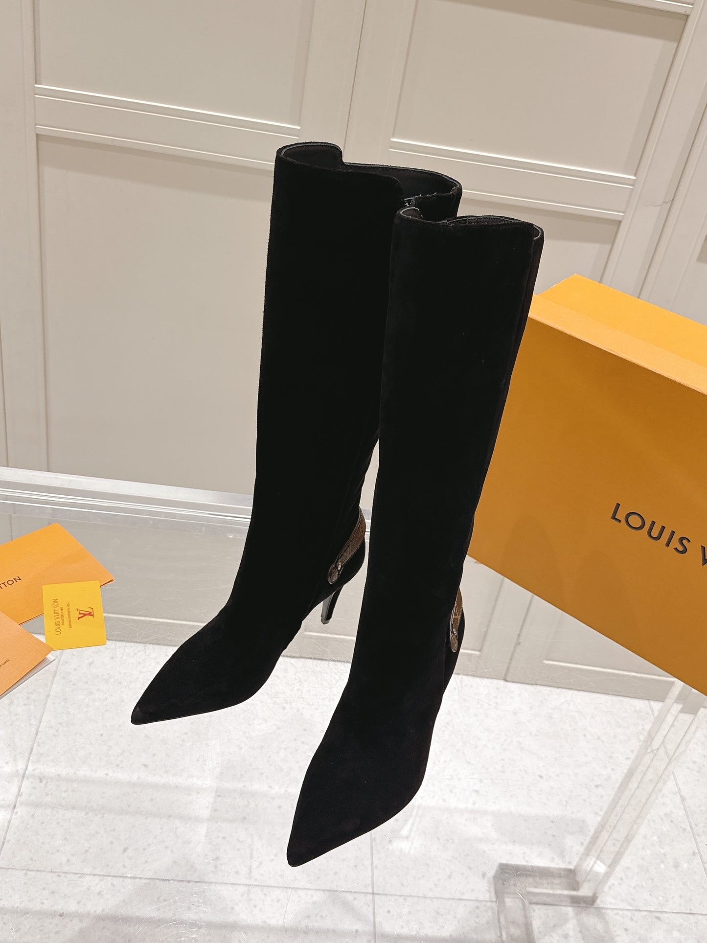 Knee-High Suede Boots – Midnight Black Velvet-Plush Calf Suede Stiletto Boots with Monogram Canvas Ankle Strap