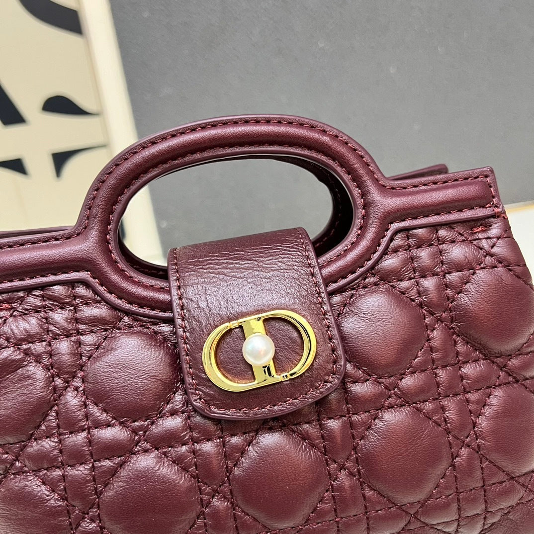 Mini Top Handle Bag – Latte/Burgundy Cannage Lambskin with Pearl CD Clasp – Cruise 2026