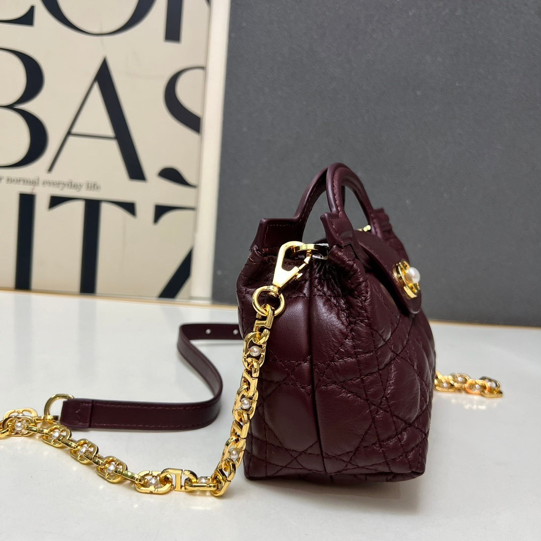 Mini Top Handle Bag – Latte/Burgundy Cannage Lambskin with Pearl CD Clasp – Cruise 2026