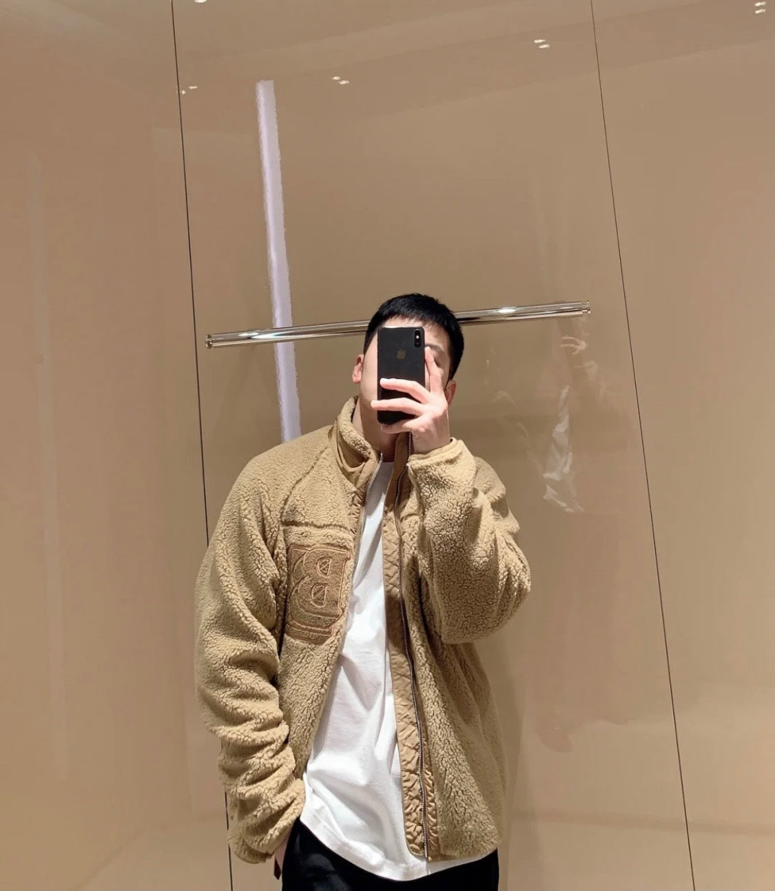 Archive Beige Teddy Fleece Jumper – Oversized 'B' Emblem Funnel-Neck Blouson