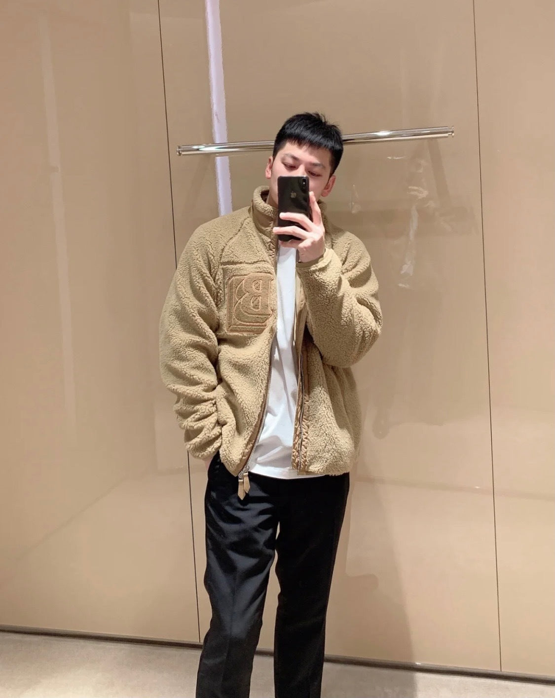 Archive Beige Teddy Fleece Jumper – Oversized 'B' Emblem Funnel-Neck Blouson