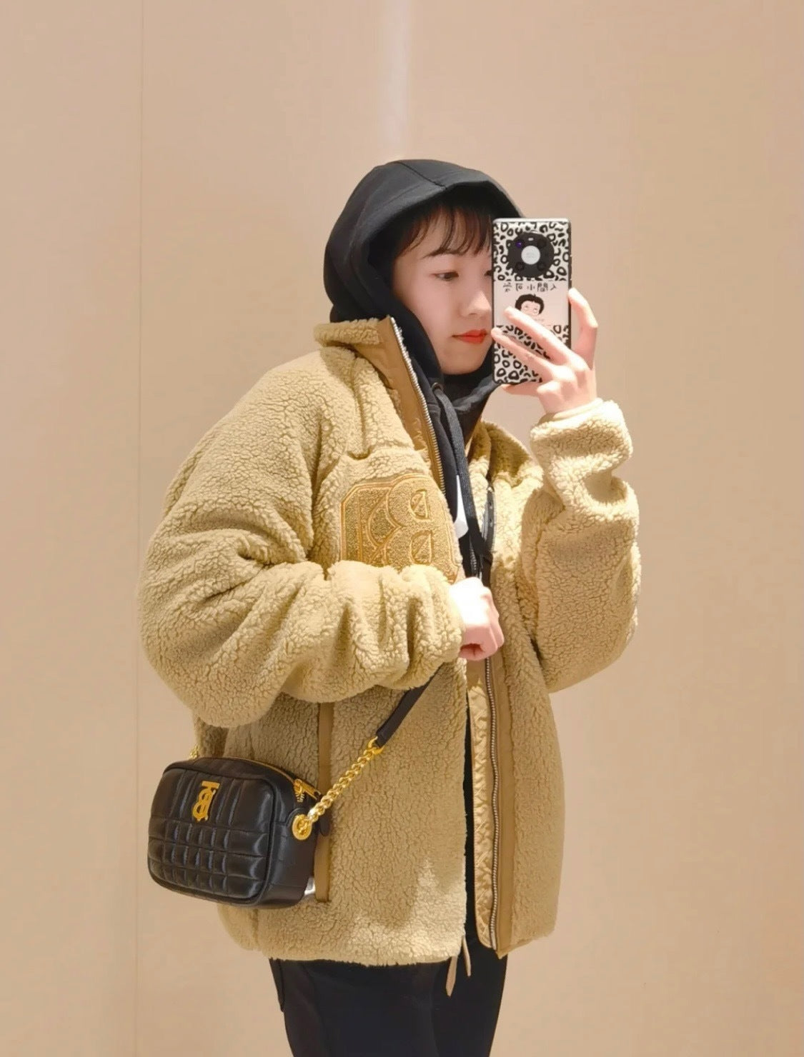 Archive Beige Teddy Fleece Jumper – Oversized 'B' Emblem Funnel-Neck Blouson