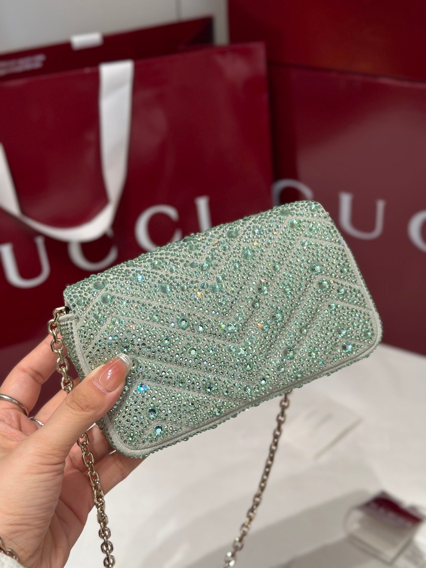 GG Marmont Small Crystal Shoulder Bag – Mint Green Nubuck Chevron Matelassé