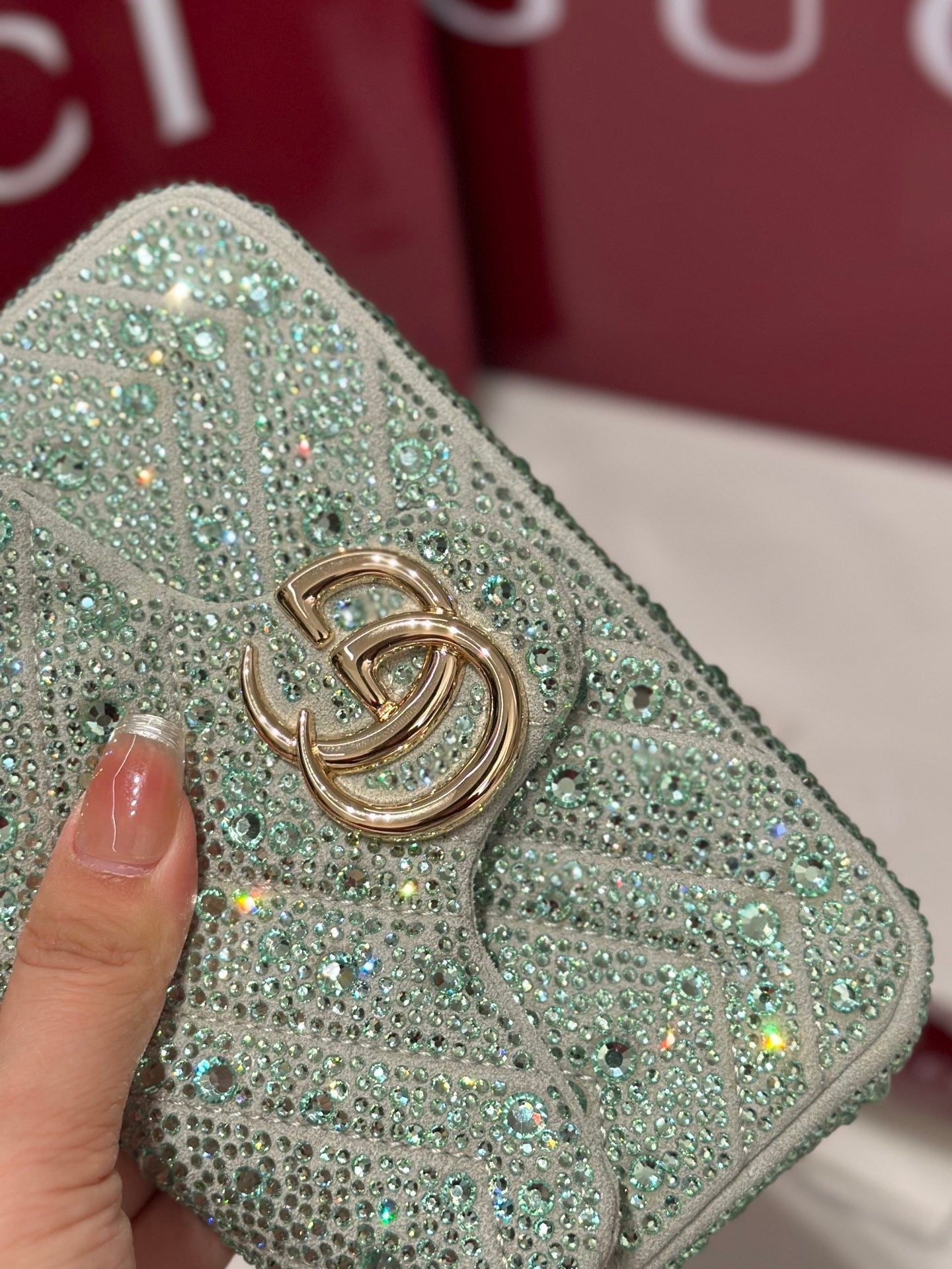 GG Marmont Small Crystal Shoulder Bag – Mint Green Nubuck Chevron Matelassé