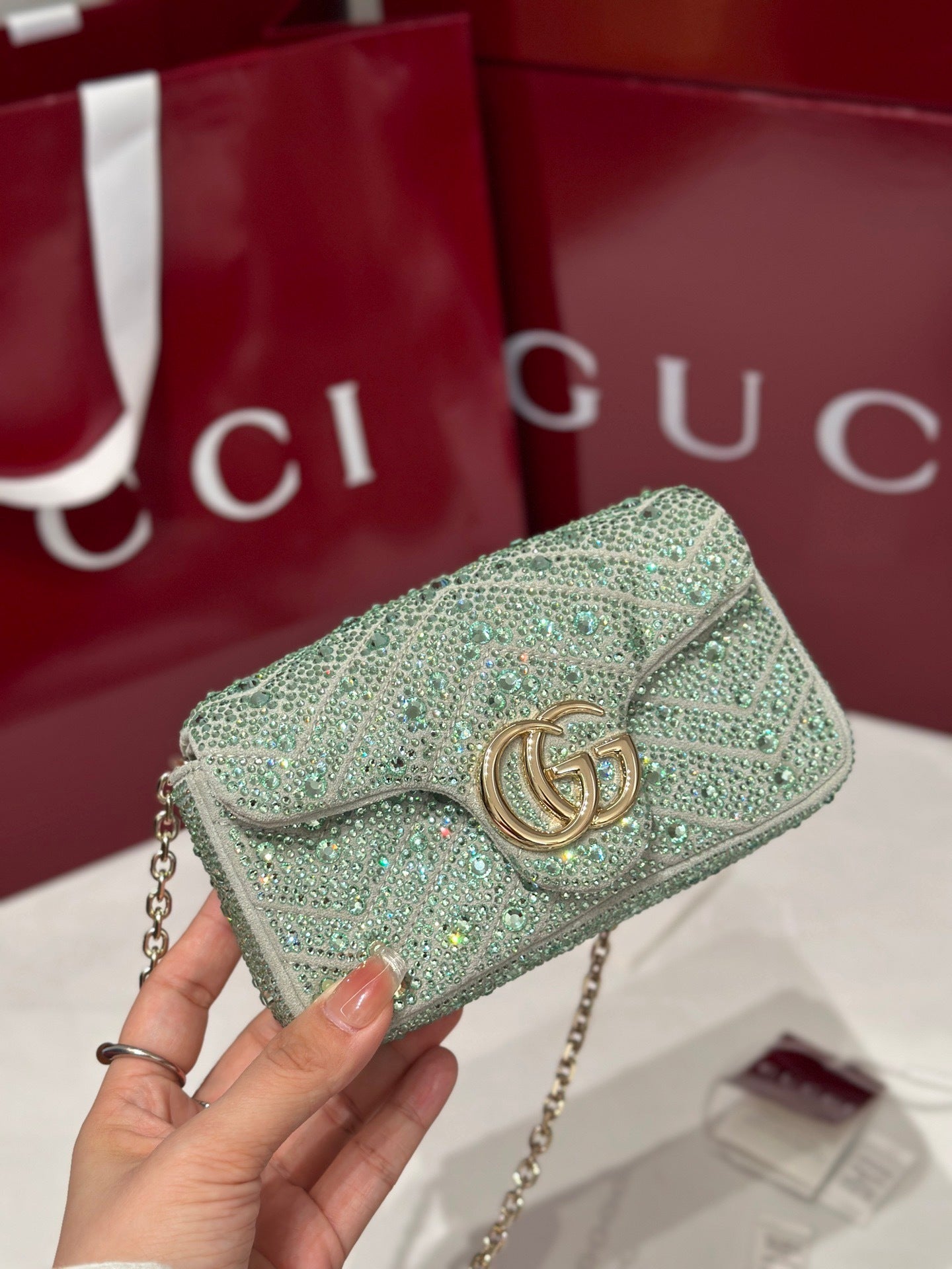 GG Marmont Small Crystal Shoulder Bag – Mint Green Nubuck Chevron Matelassé