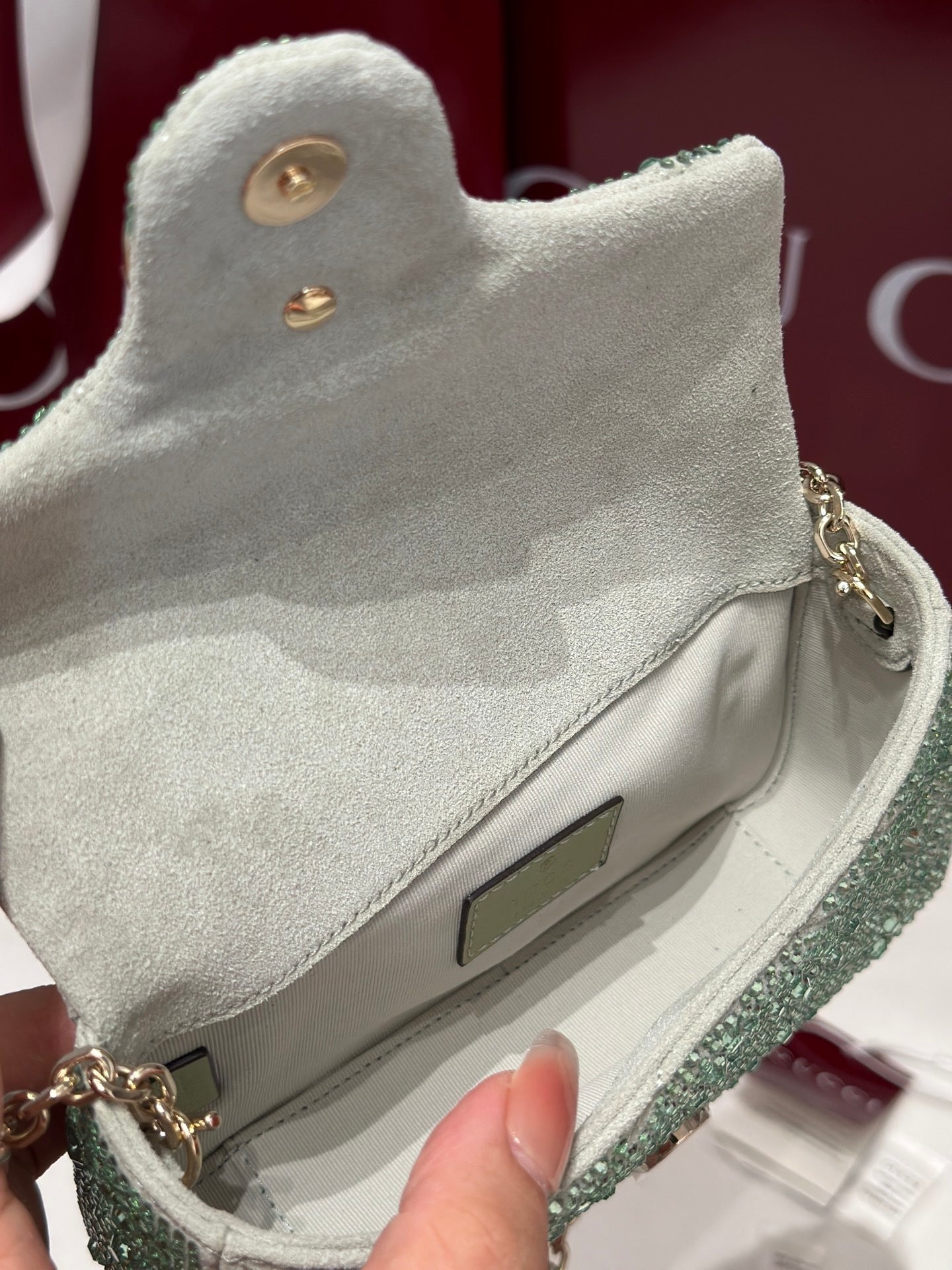 GG Marmont Small Crystal Shoulder Bag – Mint Green Nubuck Chevron Matelassé