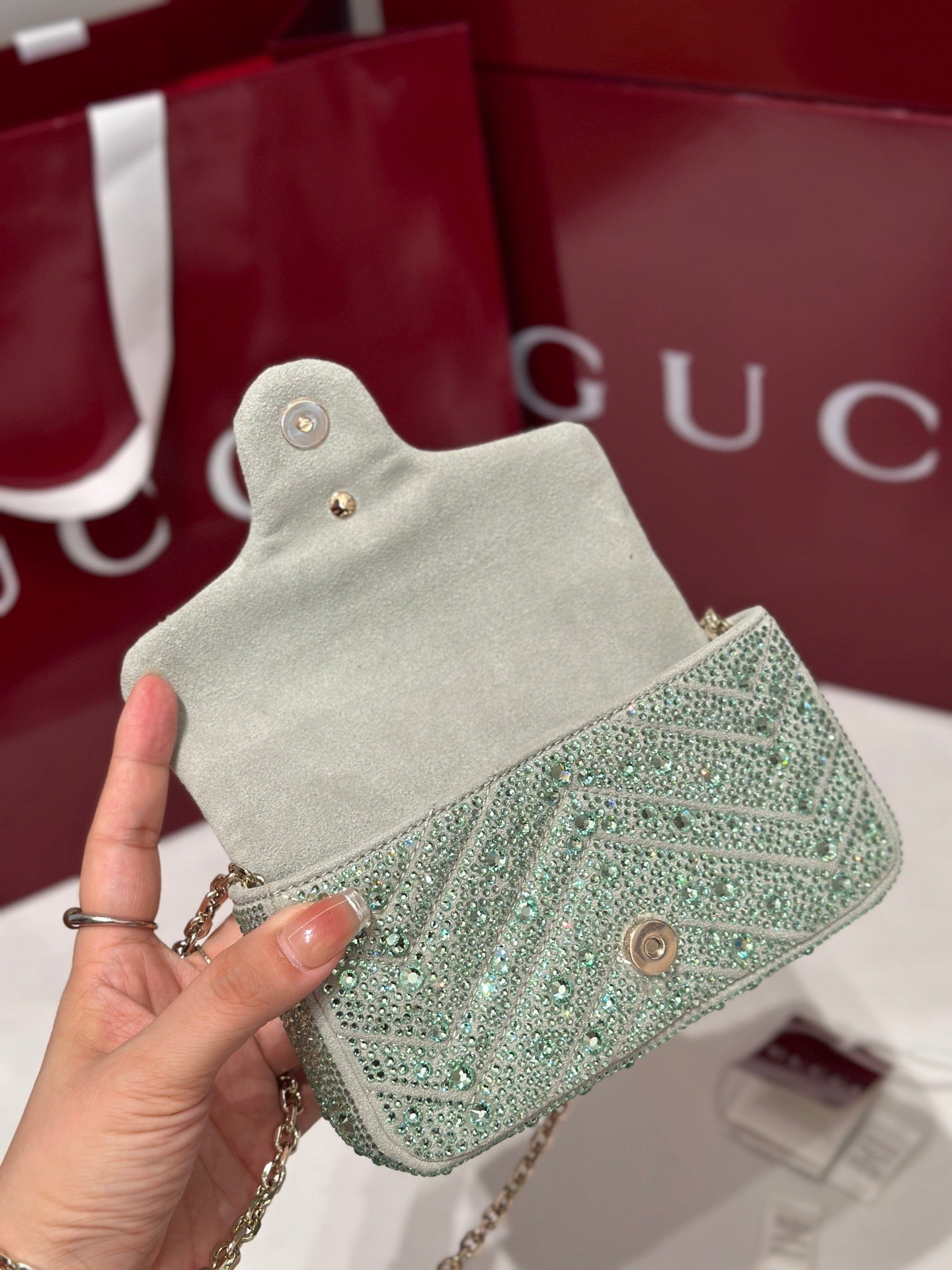 GG Marmont Small Crystal Shoulder Bag – Mint Green Nubuck Chevron Matelassé