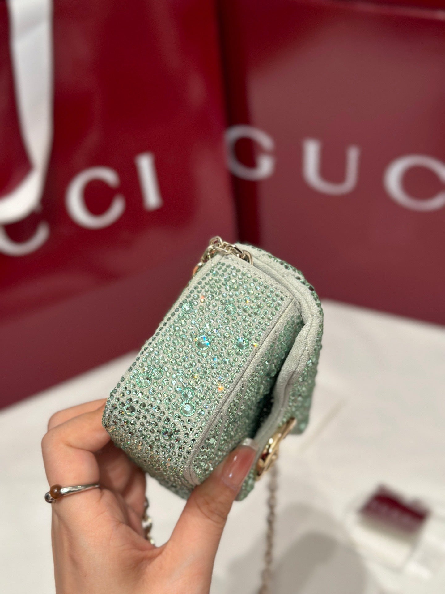 GG Marmont Small Crystal Shoulder Bag – Mint Green Nubuck Chevron Matelassé