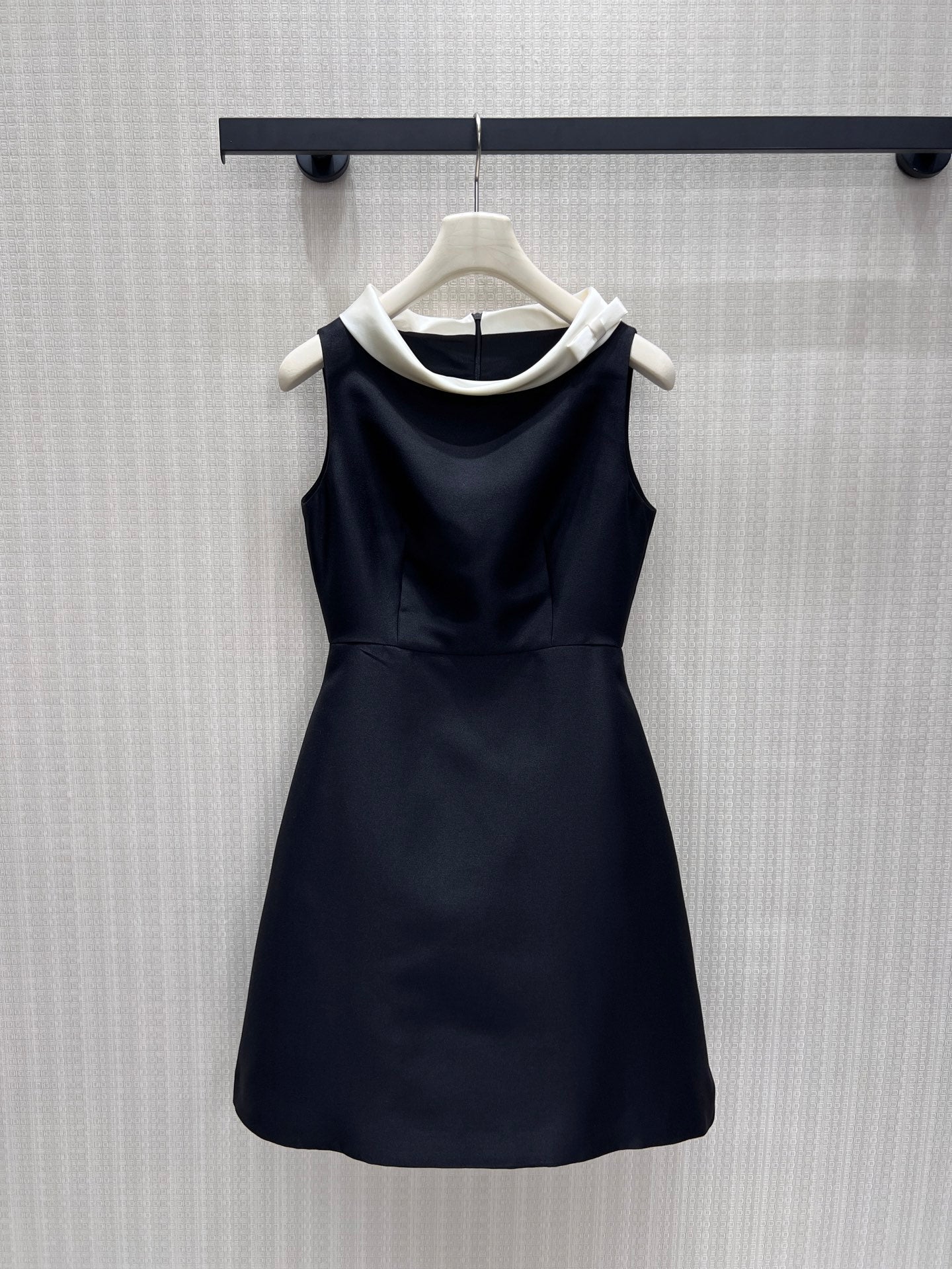 Black Cady Mini Dress – Sleeveless A-Line Mod Dress with Optic White Satin Boat Neck Collar