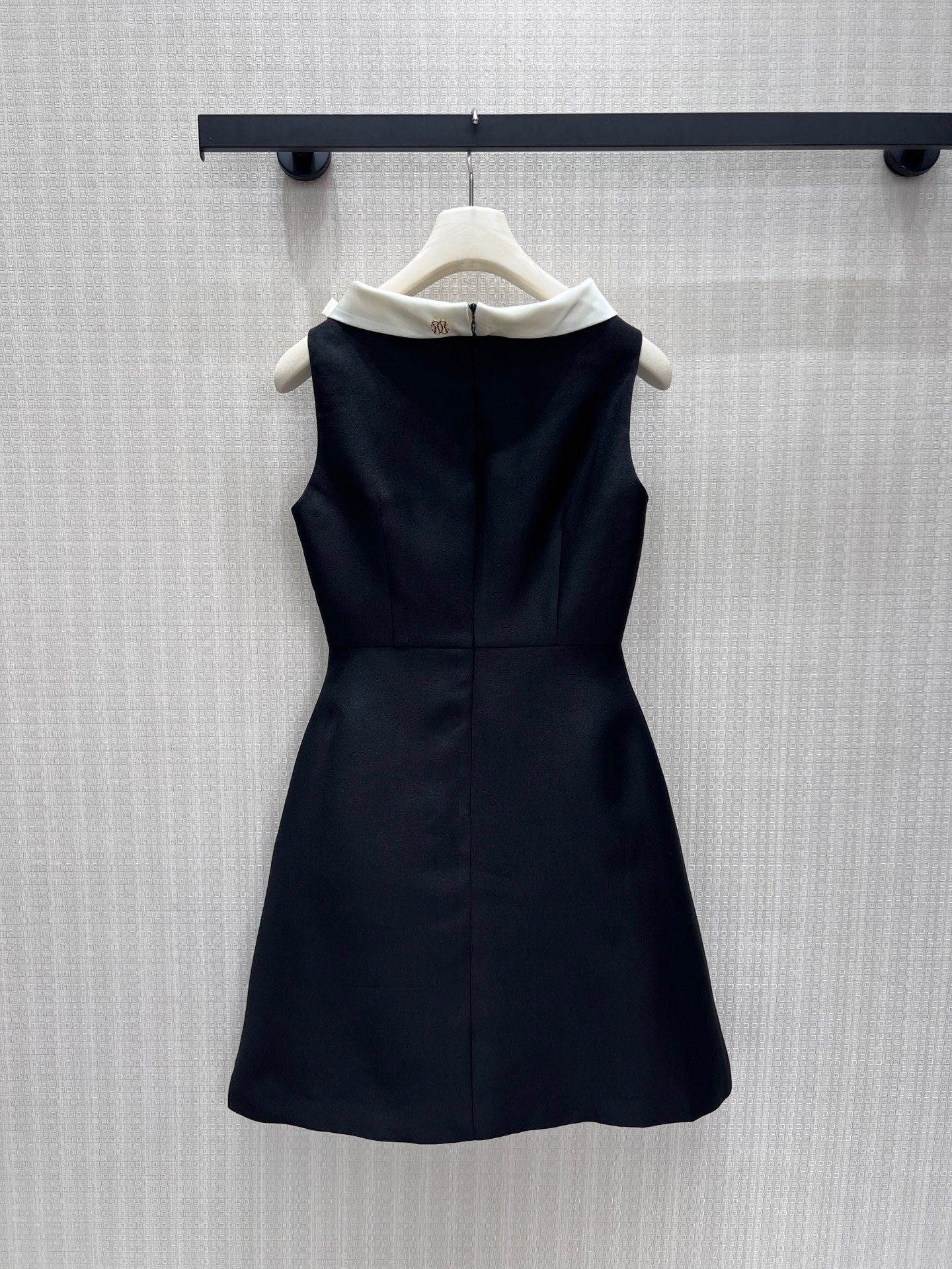 Black Cady Mini Dress – Sleeveless A-Line Mod Dress with Optic White Satin Boat Neck Collar