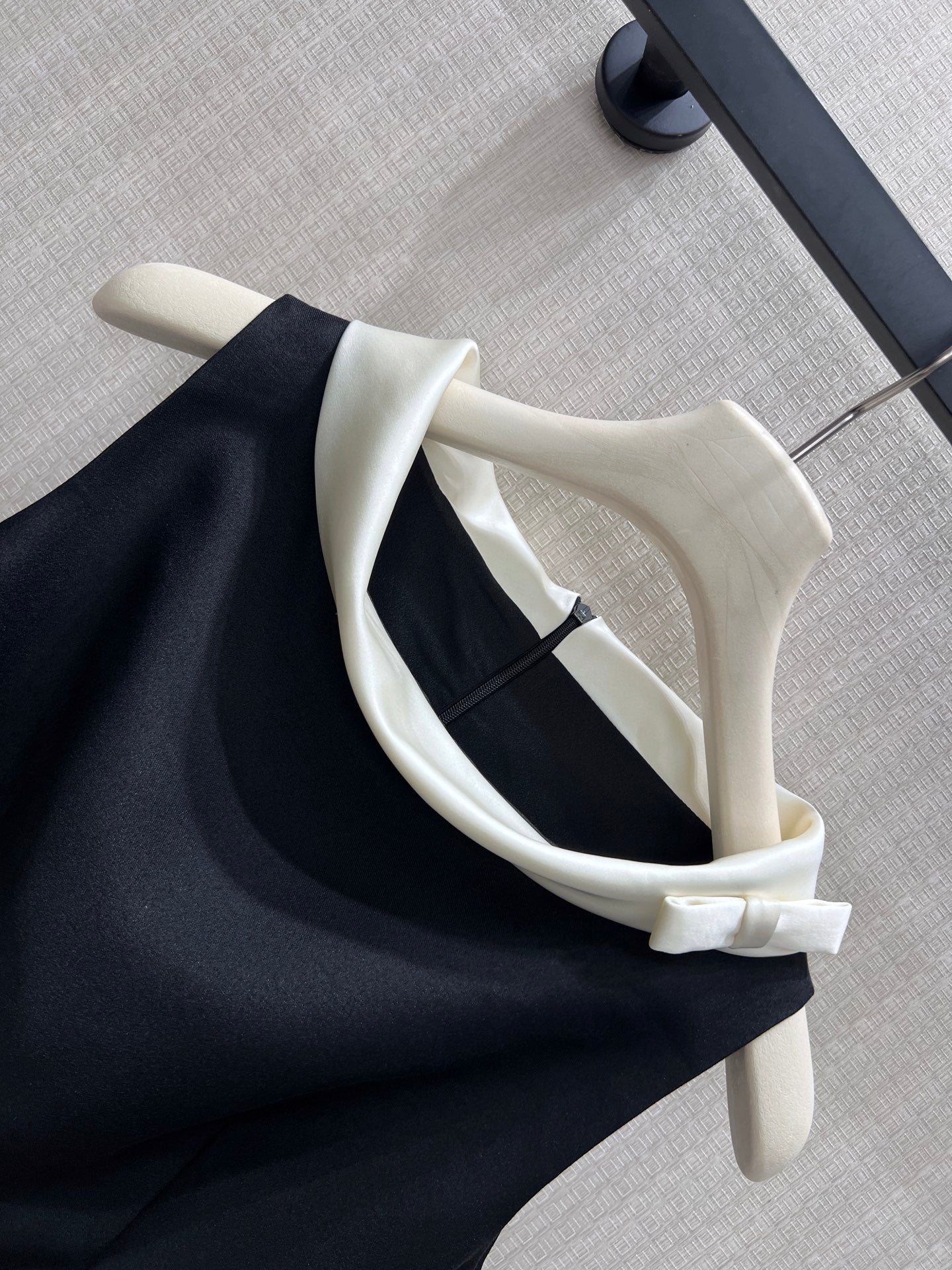 Black Cady Mini Dress – Sleeveless A-Line Mod Dress with Optic White Satin Boat Neck Collar