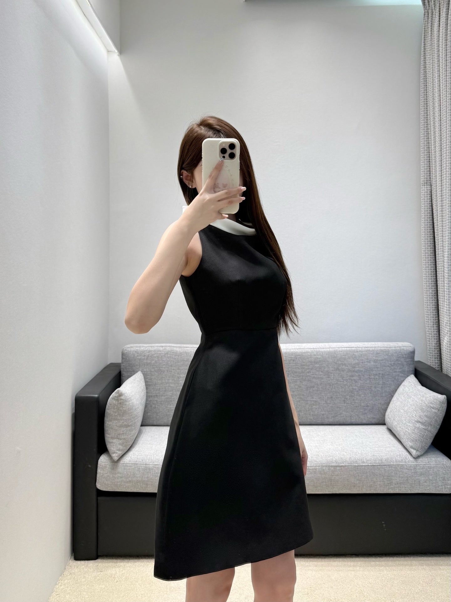 Black Cady Mini Dress – Sleeveless A-Line Mod Dress with Optic White Satin Boat Neck Collar