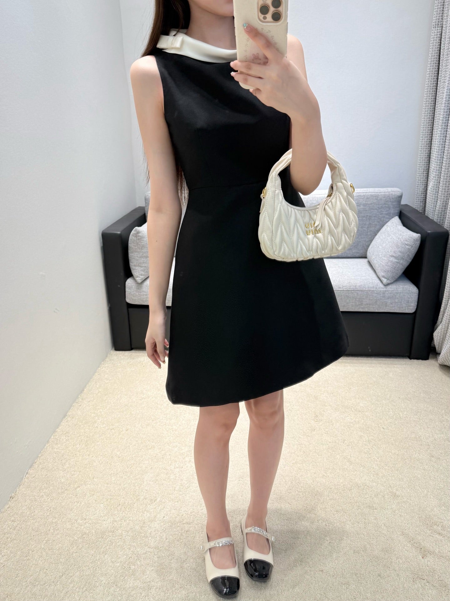 Black Cady Mini Dress – Sleeveless A-Line Mod Dress with Optic White Satin Boat Neck Collar