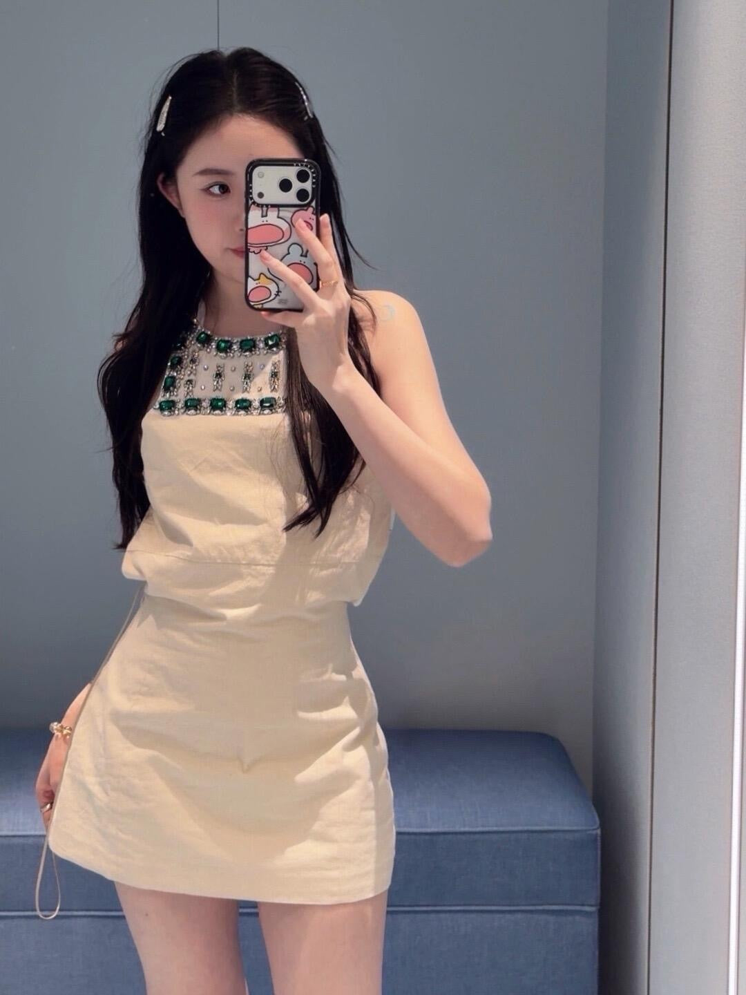 Miu Miu Embellished Canvas Apron Dress – Alabaster Ecru Structured Cotton-Linen Mini with Emerald Crystals