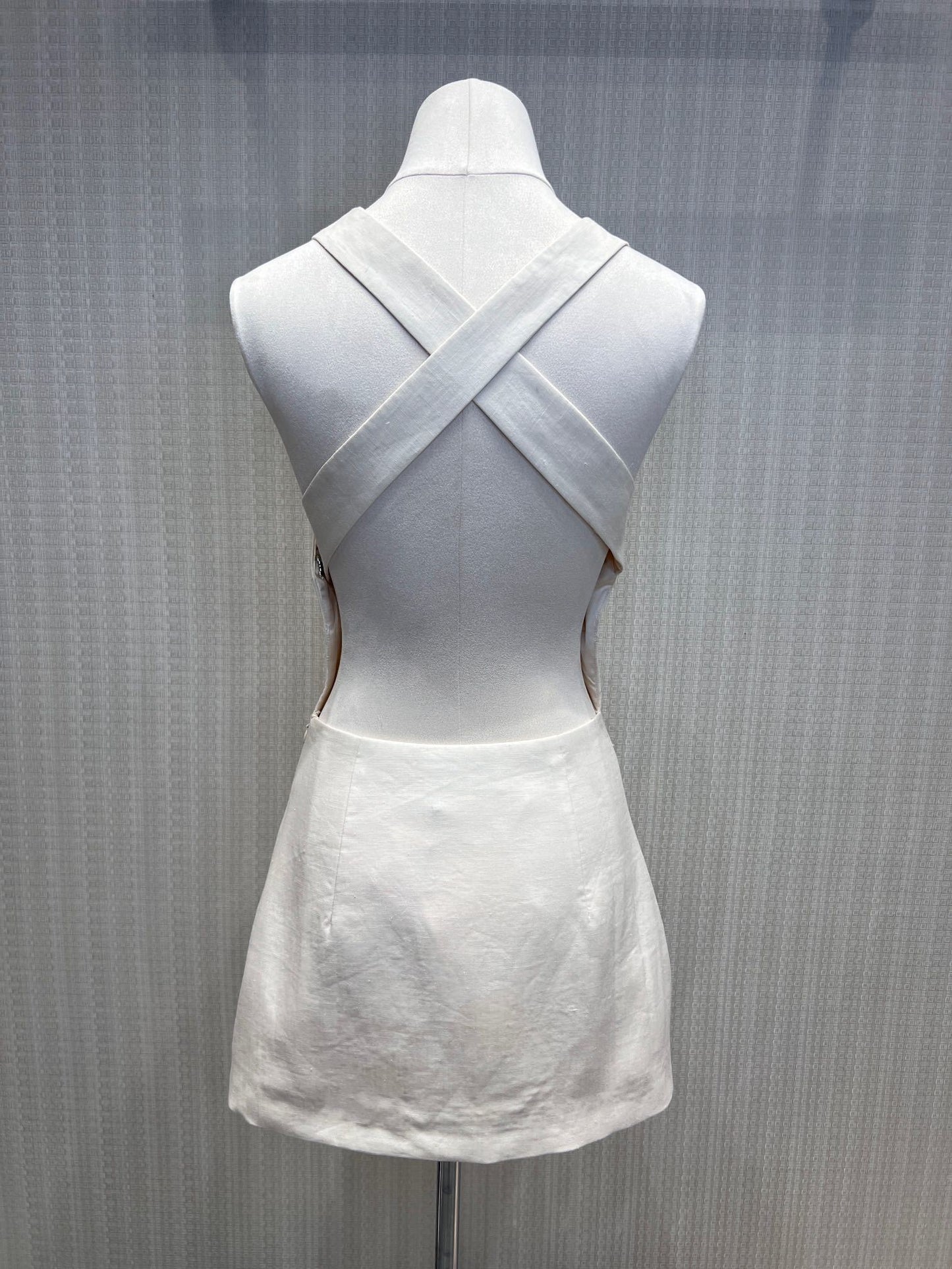 Miu Miu Embellished Canvas Apron Dress – Alabaster Ecru Structured Cotton-Linen Mini with Emerald Crystals