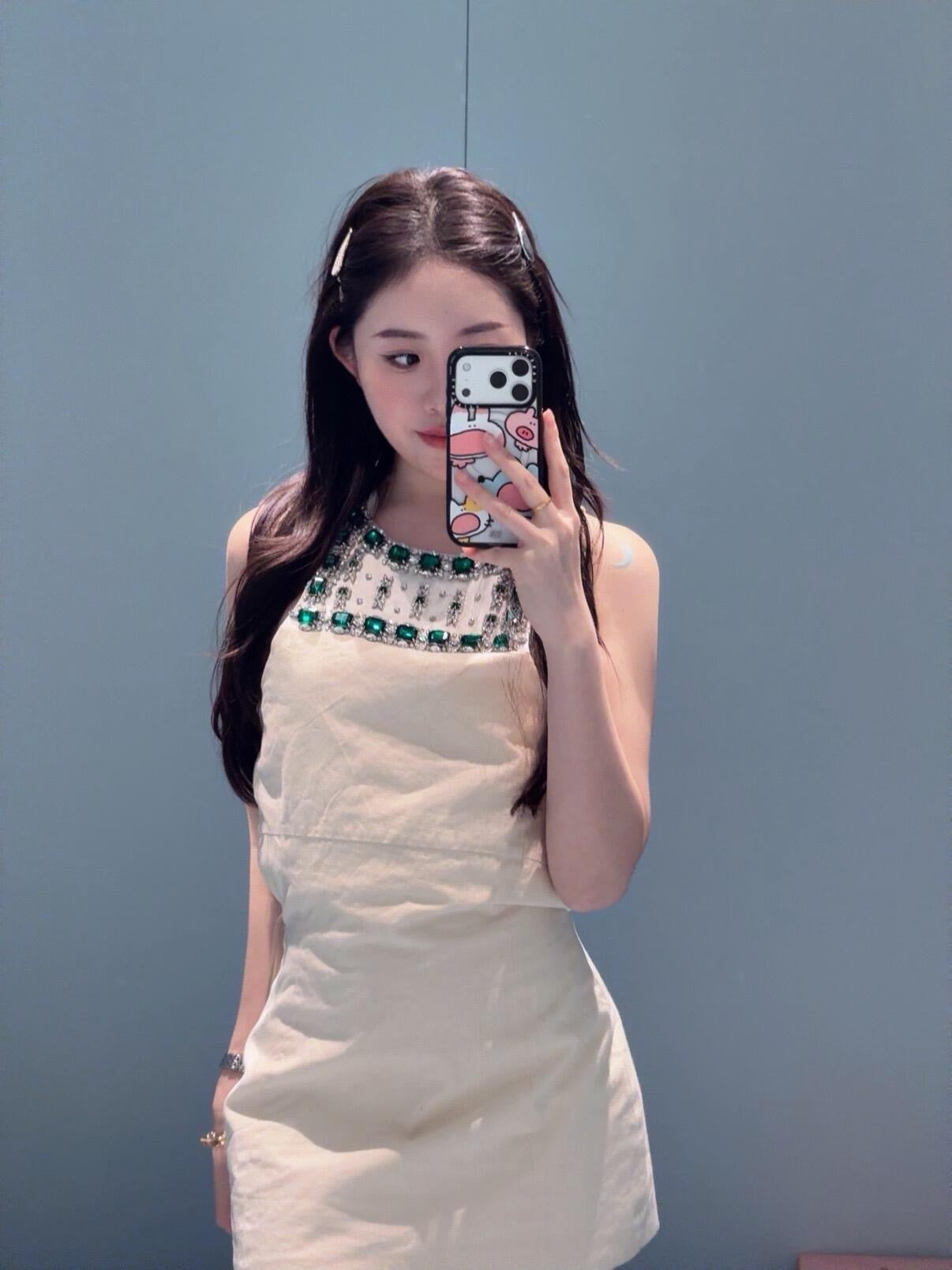 Miu Miu Embellished Canvas Apron Dress – Alabaster Ecru Structured Cotton-Linen Mini with Emerald Crystals