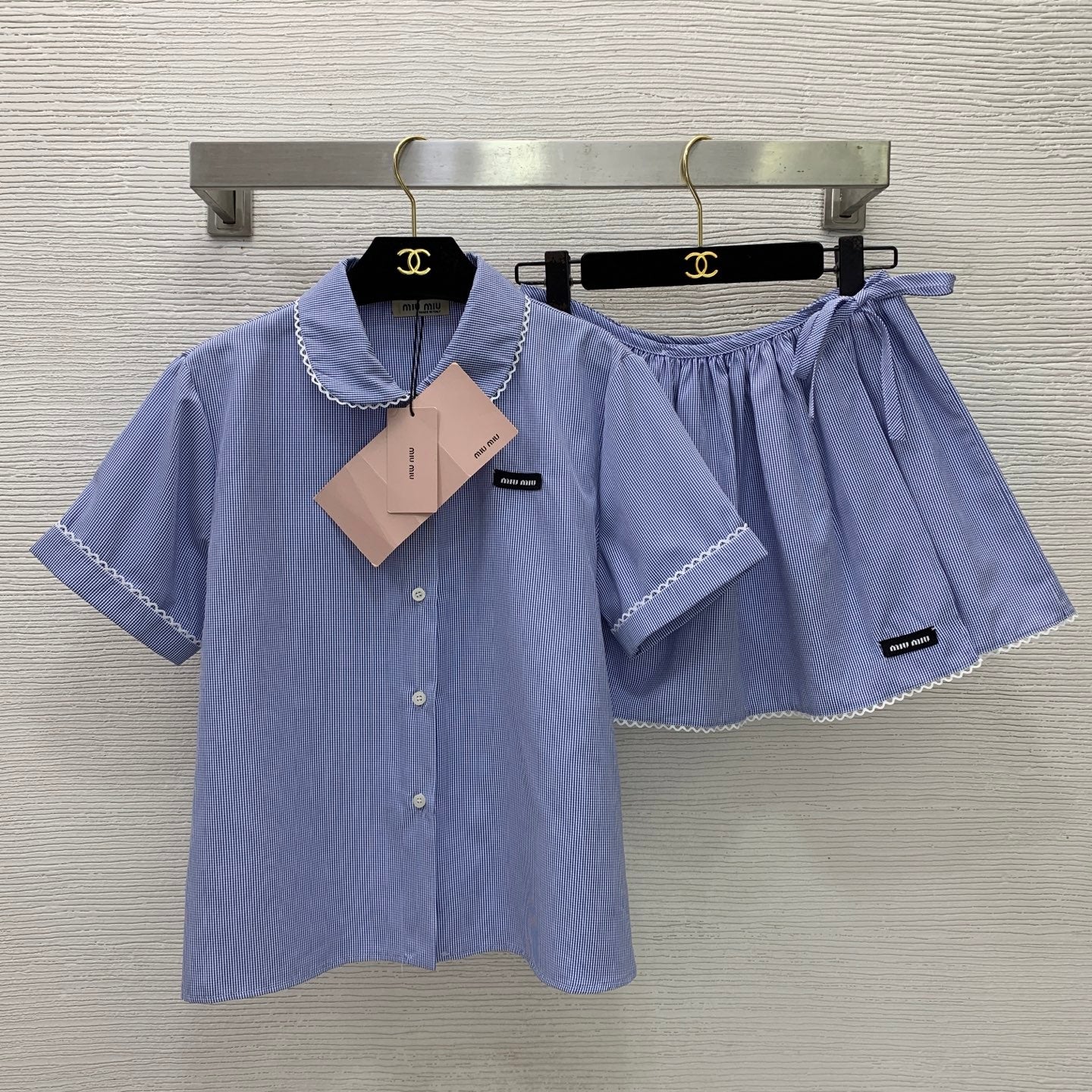 Check Co-ord Set – Blue & White Miniature Gingham Cotton Poplin Blouse and Lace-Trimmed Gathered Miniskirt