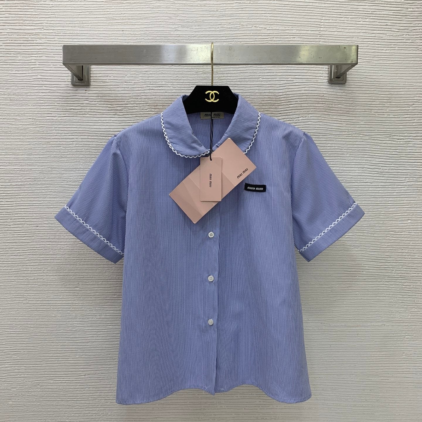 Check Co-ord Set – Blue & White Miniature Gingham Cotton Poplin Blouse and Lace-Trimmed Gathered Miniskirt