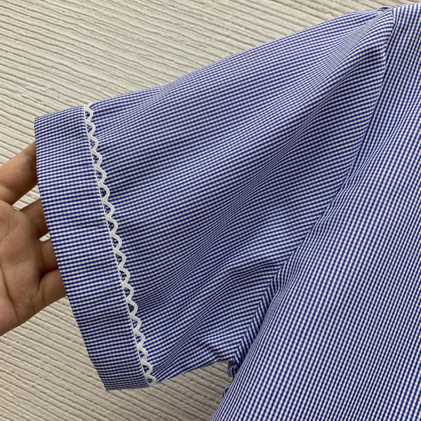 Check Co-ord Set – Blue & White Miniature Gingham Cotton Poplin Blouse and Lace-Trimmed Gathered Miniskirt