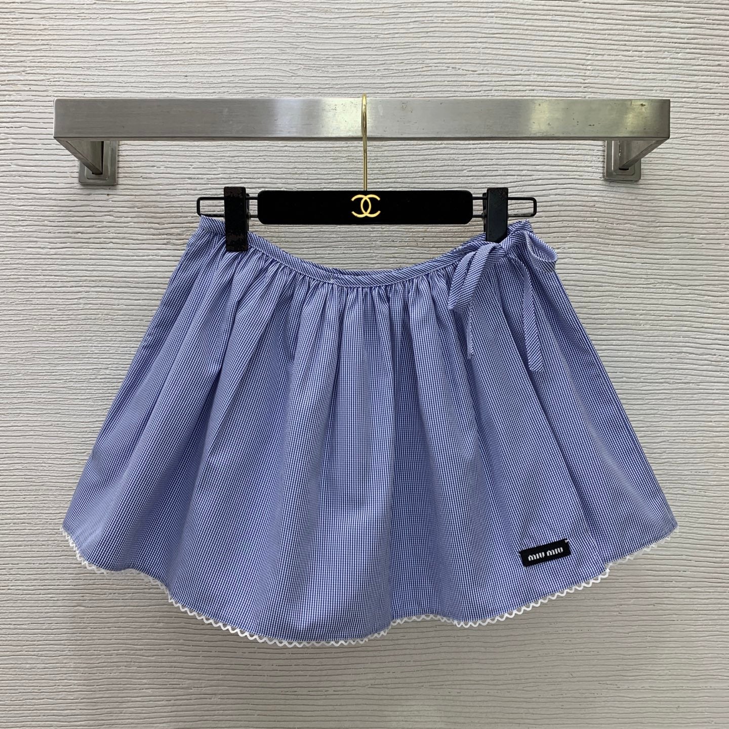 Check Co-ord Set – Blue & White Miniature Gingham Cotton Poplin Blouse and Lace-Trimmed Gathered Miniskirt