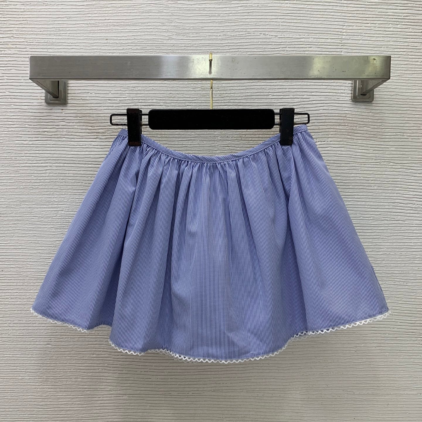 Check Co-ord Set – Blue & White Miniature Gingham Cotton Poplin Blouse and Lace-Trimmed Gathered Miniskirt
