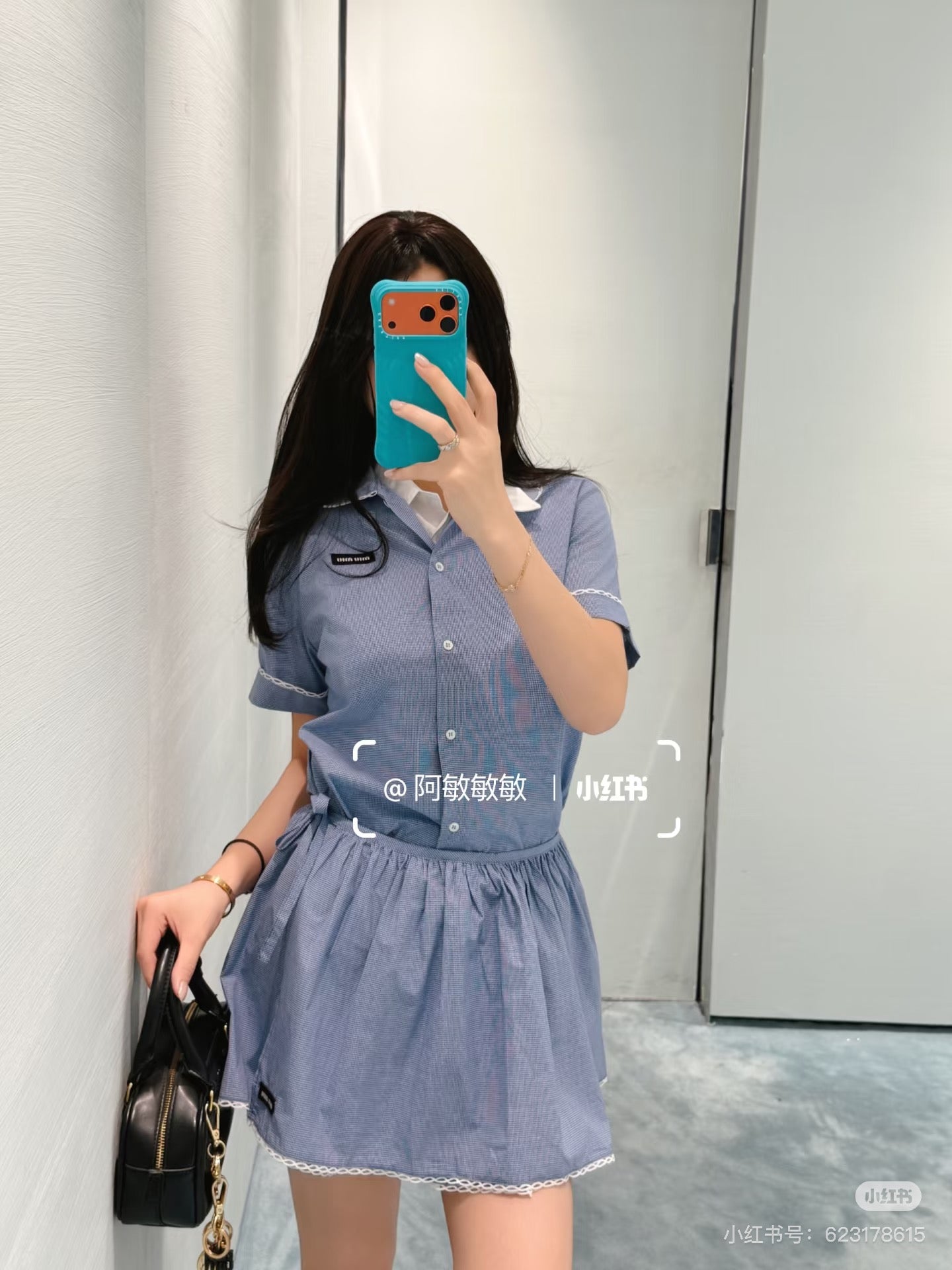 Check Co-ord Set – Blue & White Miniature Gingham Cotton Poplin Blouse and Lace-Trimmed Gathered Miniskirt