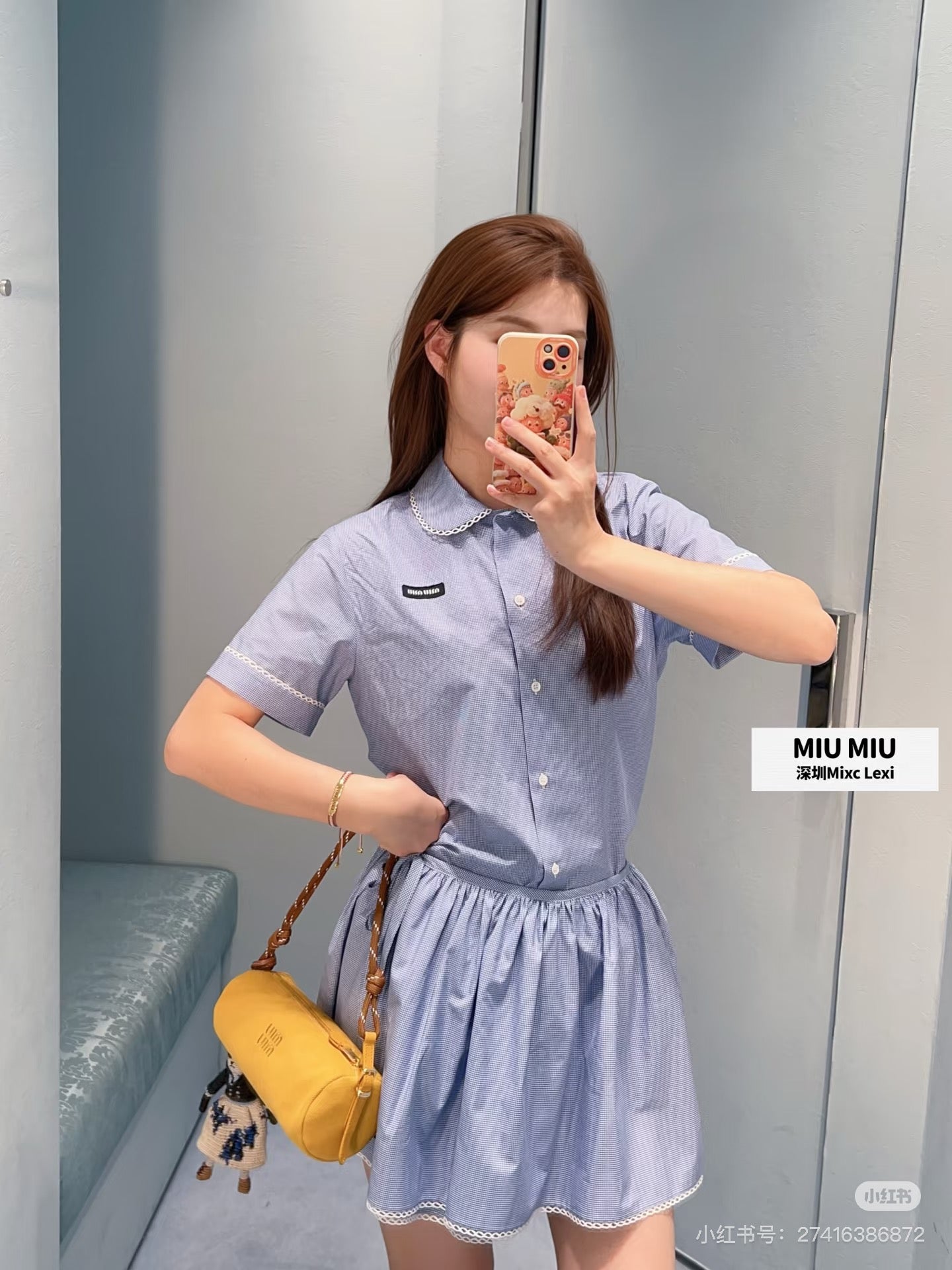 Check Co-ord Set – Blue & White Miniature Gingham Cotton Poplin Blouse and Lace-Trimmed Gathered Miniskirt