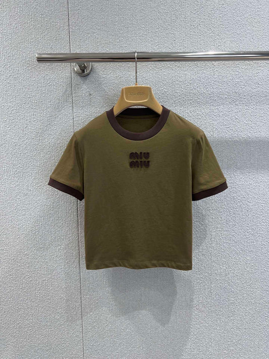 Jersey Ringer T-Shirt – Khaki Green Cropped Cotton Tee with Contrast Cocoa Brown Trim