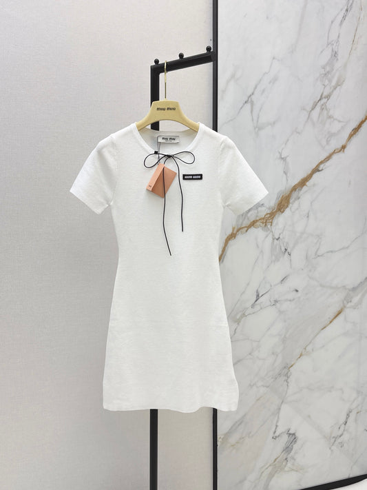 Fine-Ribbed A-Line Short-Sleeve Mini Dress with Cord Tie Collar – Silk and Cotton Knit Dress