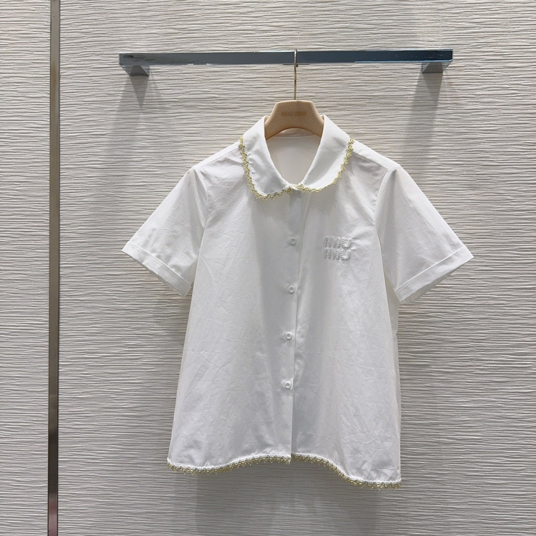 White Poplin Co-ord Set – Premium Cotton Collar Blouse and Scalloped Lace Mini-Skirt Set