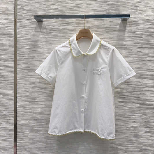 White Poplin Co-ord Set – Premium Cotton Collar Blouse and Scalloped Lace Mini-Skirt Set