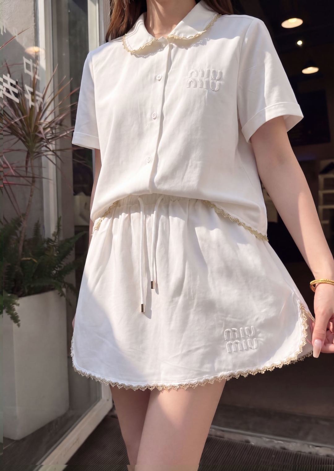 White Poplin Co-ord Set – Premium Cotton Collar Blouse and Scalloped Lace Mini-Skirt Set